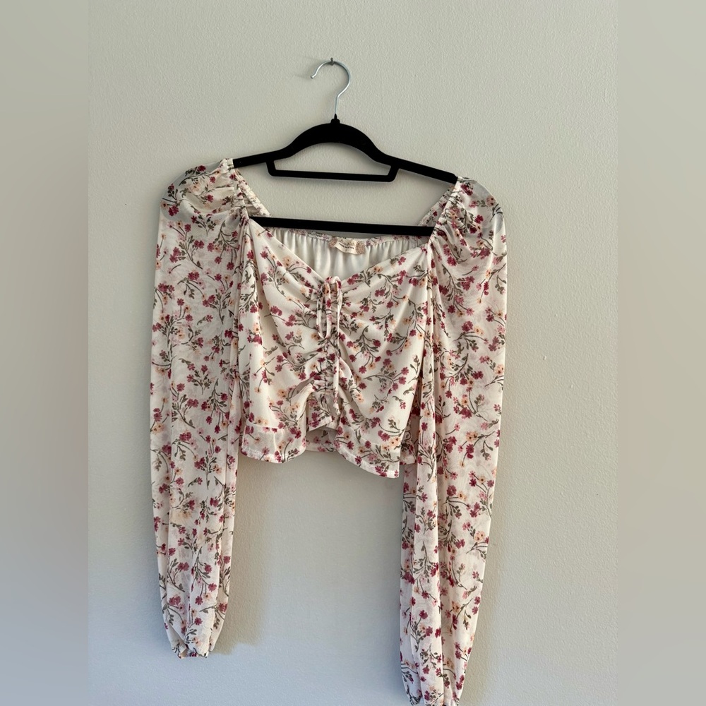 Altar'd State Floral Ruched Blouse - Cream and Pink